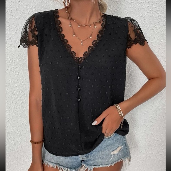 Elegant Sheer Mesh Swiss Dot Floral Lace Top Blouse Shirt Hot Pink - Picture 13 of 13